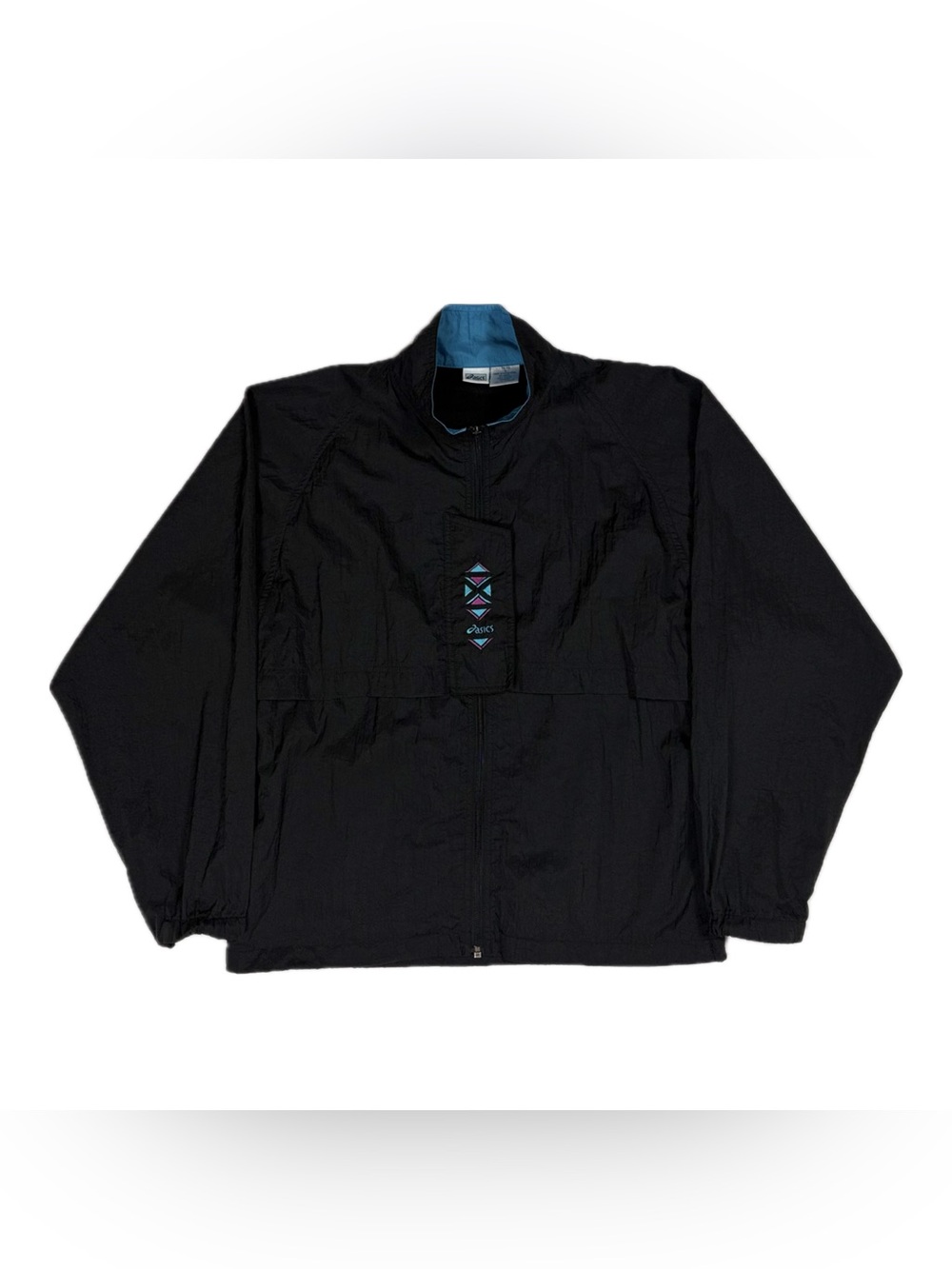 Vtg 90s Asics Black Blue Green Retro Strap Windbreaker Jacket Women Large